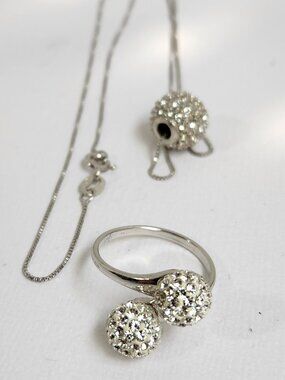 Disco Isnt Dead! 925 Pavé Pendant Italy Necklace & Ring Set Diamonique Style